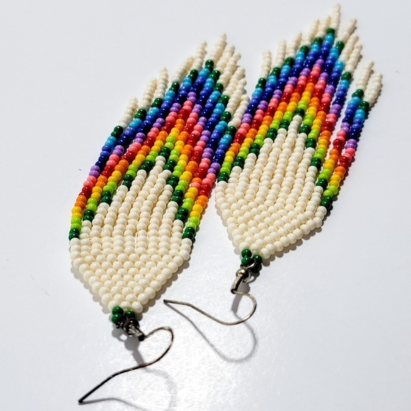 White Rainbow 🌈 Long Fringe Seed Bead Earrings - Picture 3 of 5